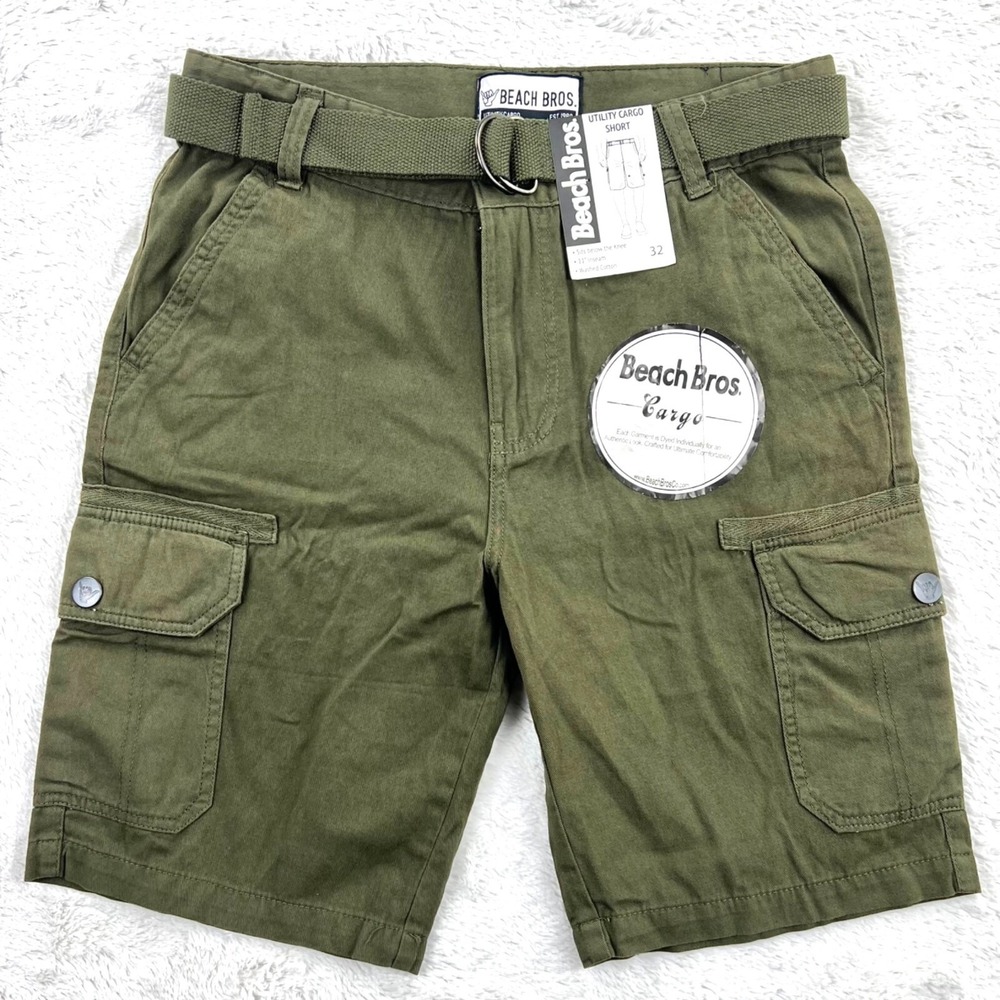 NEW Beach‎ Bros Utility Cargo Shorts Men's 32 Olive Green Belt Cotton Hiking